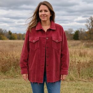 Red Corduroy Shacket Large Distressed L Jacket Button Up Shirt 100% Cotton